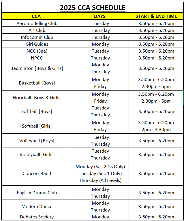 CCA Schedule 2025